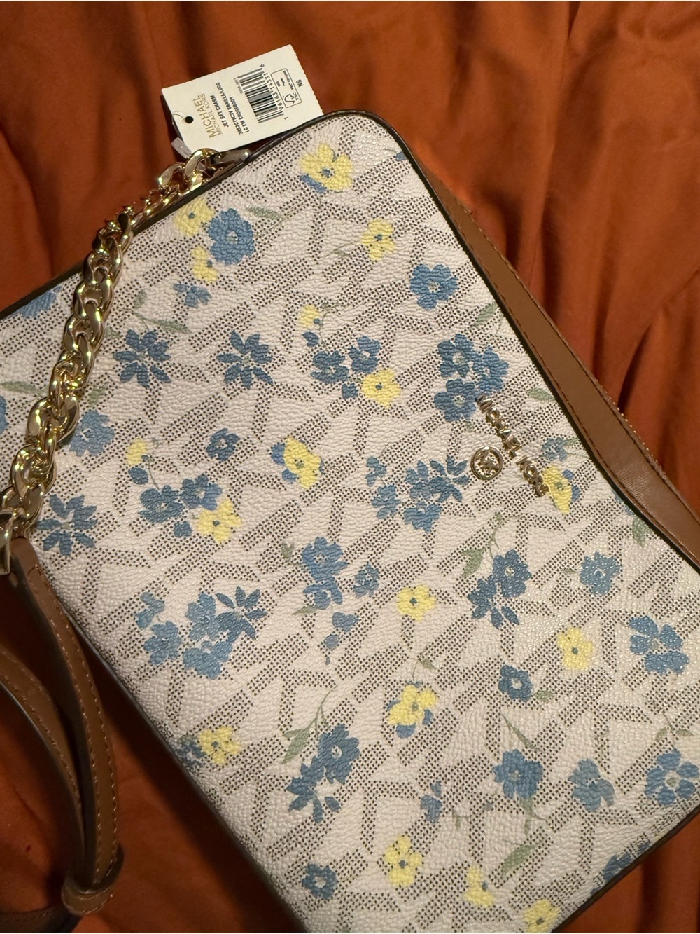 MK Floral Print Crossbody Bag in Blue, Yellow and Brown